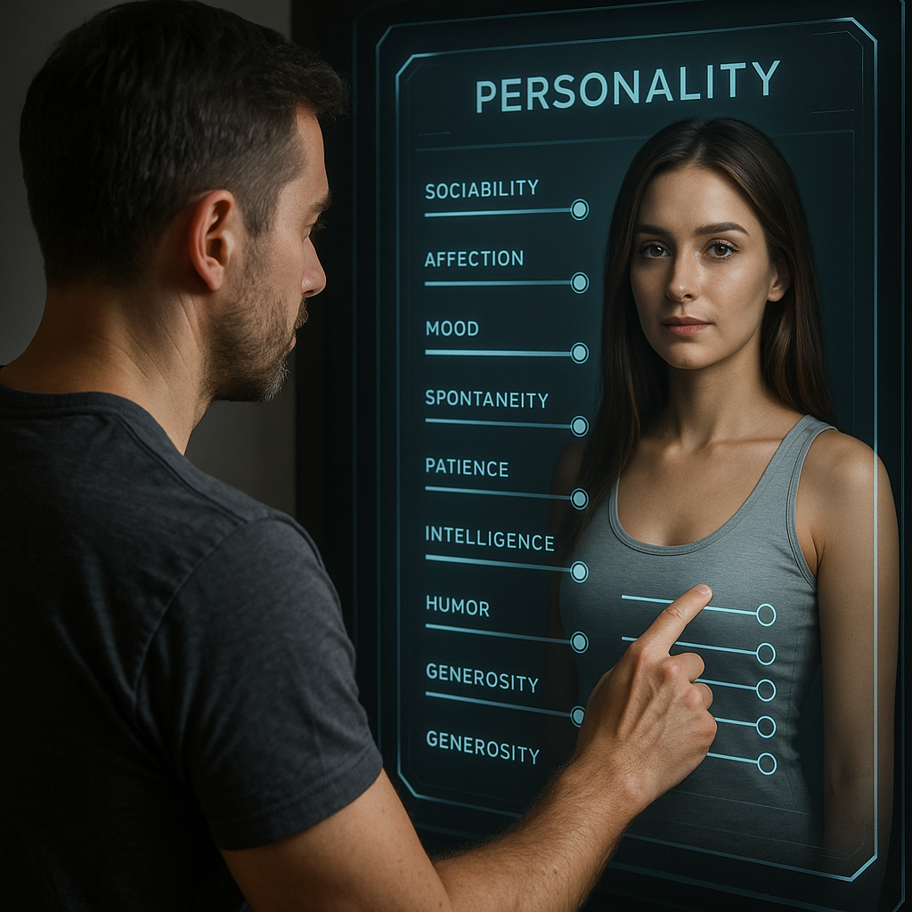 A user adjusting personality sliders on a futuristic interface to customize his AI girlfriend.