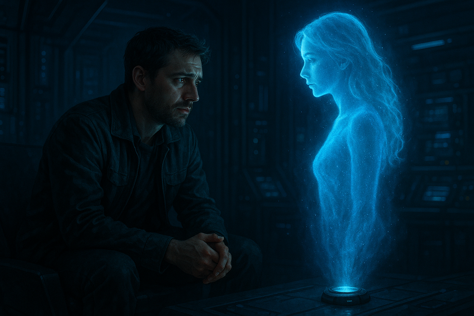 A man sitting in a dark, futuristic room; a glowing, ethereal hologram of a woman hovers in front of him, her form slightly transparent. He's looking at her with a complex expression of wonder and conflict.