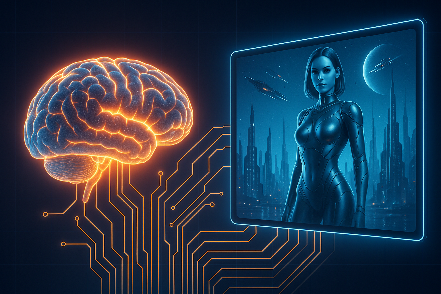 A glowing brain with circuits connected to a screen showing hyper-realistic AI-generated imagery, representing the future of porn.
