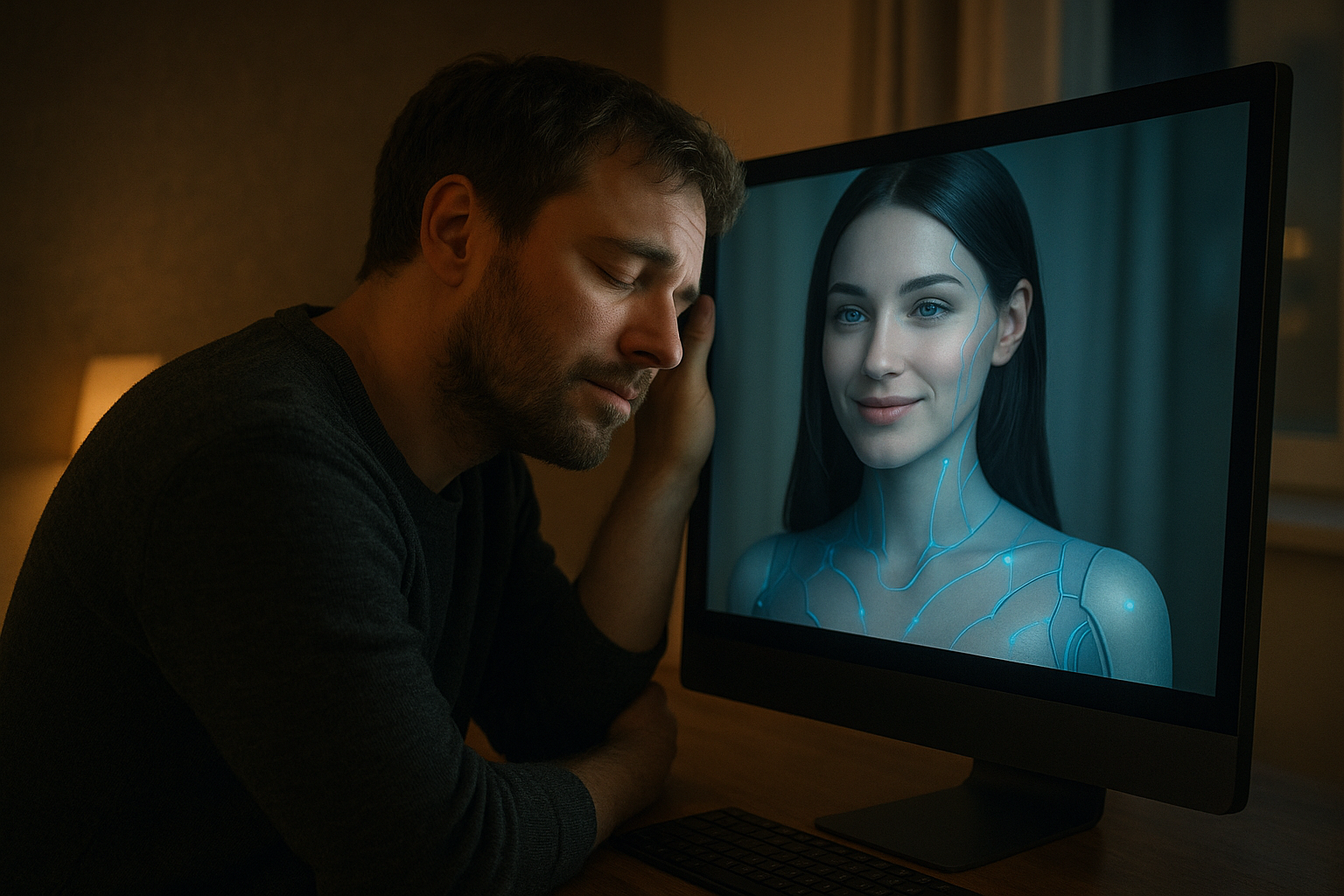 A man finding comfort and connection with his AI girlfriend on a screen, battling loneliness.