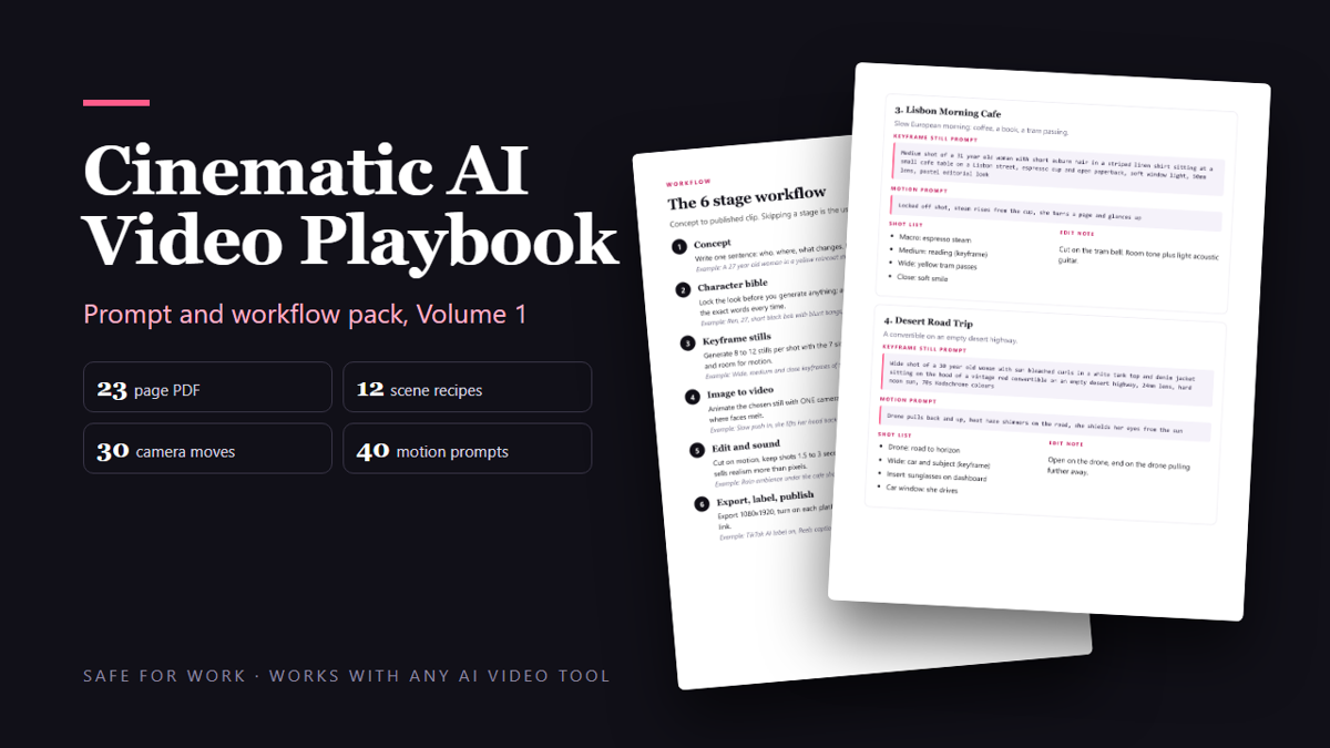 Cinematic AI Video Playbook cover with workflow and scene recipe pages