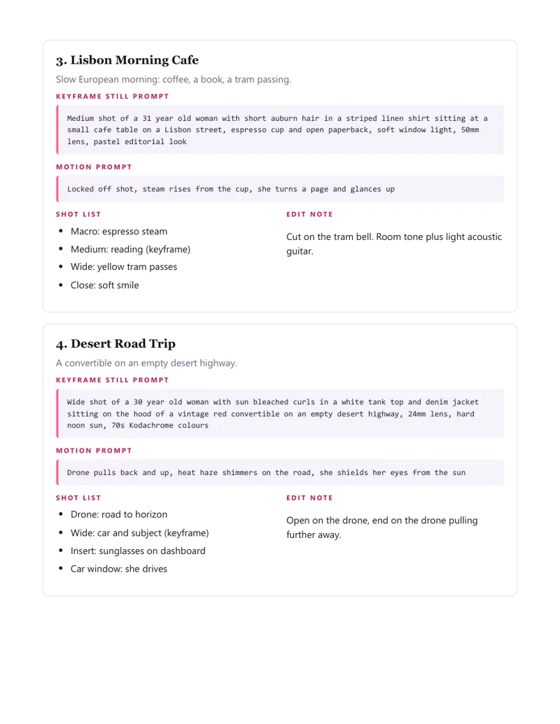 Scene recipe page with keyframe and motion prompts